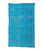 Large Moroccan Rug. Bright teal cactus silk hand-woven rug with multicolored geometric patterns and fringe at one end.