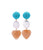 Enchanted Heart Earrings. Long statement earrings with teal silk coil tops, pearls, and hanging peach aventurine hearts.