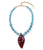 Vinca Leaf Necklace. Amazonite round beads with tourmaline accents and brown glass leaf pendant inset with stones
