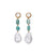 Coastline Earrings. In gold-plated brass with mother-of-pearl tops, linked amazonite beads, and pearl drops.