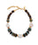 Aquarius Collar. Beaded necklace of teal blue, brown, and black glass with bone, wood, blue topaz, and pearl accents.
