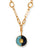 Close-up on circle pendant inlaid with blue stones and lemon quartz center on Porto Medallion Necklace in Blue Jasmine. 