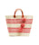 Carcas Pom Pom Tote in Coral Stripe. Handwoven red and cream sisal and seagrass striped basket bag with three raffia po...