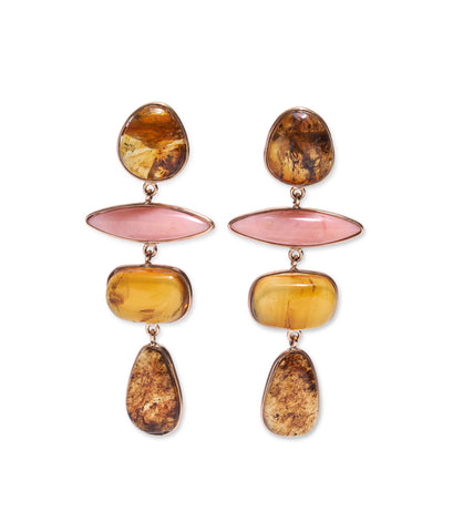14k Gold Amber & Pink Opal Column Earrings
