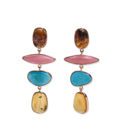 14k Gold Amber, Pink Opal & Turquoise Column Earrings