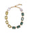 Vert Collar. Gold-plated linked necklace with ombre green rectangular glass stones and freshwater pearl details.