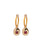 Grove Hoops in Marigold. Marigold enamel hoop earrings with hanging gold-plated charms inlaid with faceted rhodolite.