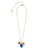 Rios Necklace. Gold-plated chain with charms of blue chevron glass, olive jade leaf, and amber-colored faceted glass.