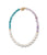 Chama Necklace in Amethyst. Beaded necklace with amethyst, freshwater pearl, and turquoise beads and gold toggle closure.