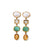 Aurora Earrings. Gold-plated linked columns with pearl tops and green amethyst, turquoise, and citrine faceted glass.