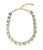 Lisboa Collar in Light Green. Gold-plated brass links set with green glass stones and pearl details at closure. 